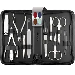 Produktbild: marQus Solingen Maniküre Pediküre Set - 12 Teile in Echt Leder Etui handlich und weich - Komplett Kit mit allem für die Hand- und Fußpflege, Nagelset Schwarz