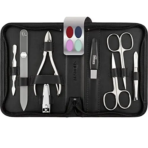 Produktbild: marQus Solingen Maniküre Set mit Nagel-Zange und Glasfeile 8 teilig - Nagelset in hochwertigem Lederetui - Vollwertiges Set für Frau und Mann