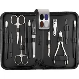 Produktbild: marQus Solingen Mega Maniküre Pediküre Set 12 Teile - Nageletui für Herren und Damen mit allem was man für die Nagelpflege braucht, in hochwertigem Echt-Leder Etui, Schwarz