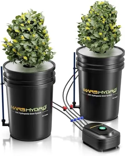 Produktbild: Mars Hydro DWC Hydrokultur Anbausystem 5 Gallonen Tiefwasserkultur mit 8W Luft-Pumpe, Mehrzweck-Luftschlauch, Luftstein, 2 Eimern und Topf-Tropfkit