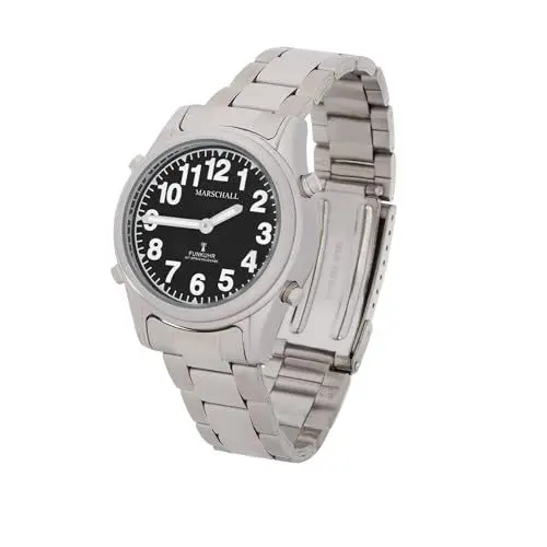 Produktbild: Marschall Deutsch sprechende Damen Armbanduhr I 1138S I Funkarmbanduhr I Für Blinde, Senioren und Sehbehinderte I Datum- und Zeitansage I Extra große Zeiger I Metallgliederarmband
