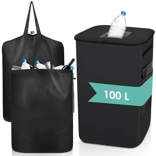 Produktbild: Marsred 100L Verstärkte Pfandflaschen Sammelbehälter mit Zwei verdicker Innenbeutel, Pfandbehälter aus 600D Polyester mit Deckel，Leergut Sammelbehälter (Quadratische Öffnung)
