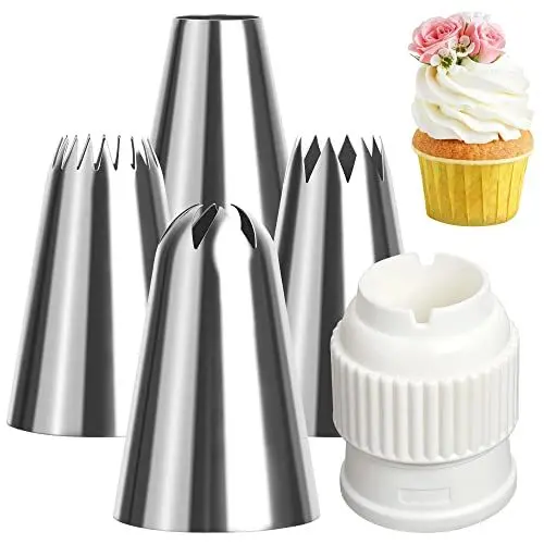 Produktbild: Marsred 304 Edelstahl Spritztüllen groß (XL) mit Adapter (821,855,869, 807), 18/8 Rostfrei Tüllen 5er Set zum Spritzgebäck, Deko von Cupcakes Torten, Zuckerguss, Brandteig