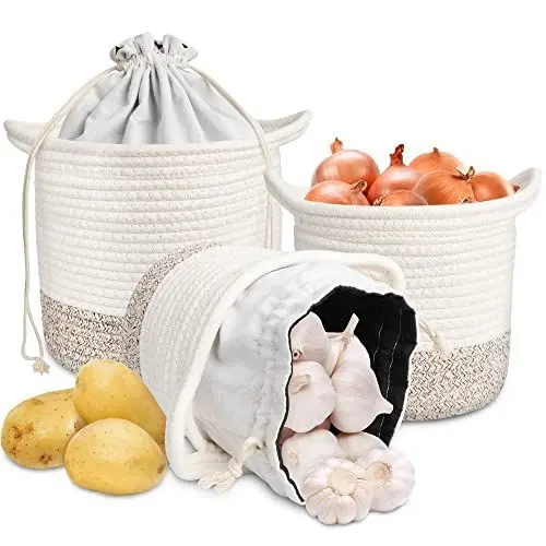 Produktbild: Marsred 3er Nachhaltige Kartoffeltopf aus Jute Baumwollseil, Kartoffel Aufbewahrungsbox mit Griff, hält Gemüse länger frisch Zwiebel Knoblauch Aufbewahrung