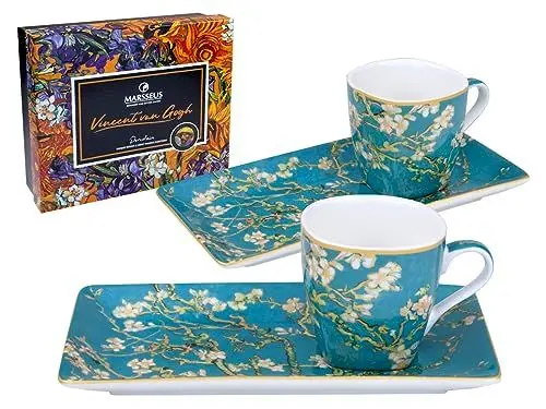 Produktbild: MARSSEUS - Vincent Van Gogh 'Mandelblüte' Set mit 2 Espressotassen aus Porzellan mit Porzellan-Tablett, 90 ml