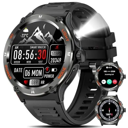 Produktbild: Marsyu Smartwatch Herren Militär mit Telefonfunktion mit LED Taschenlampe/Kompass, 500 mAh Lange Akkulaufzeit 1,53