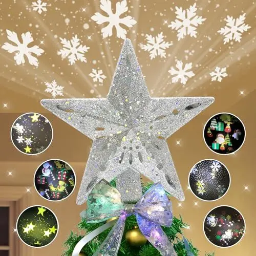 Produktbild: Marsyu Weihnachtsbaum Sternspitzen mit 6 Projektionsmodi Rotierenden LED-Projektor Glitzer Sternenklares Nachtlicht für Weihnachtsbaumdekoration, Silber Stern Baumspitze + 5M Weihnachtsband Lichterset