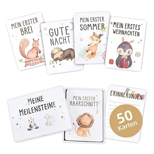 Produktbild: Marvelights Meilensteinkarten Baby, 50 Karten Inkl. Geschenkset für Junge und Mädchen, Boho Stil Meilenstein Karten Set, Geschenkbox zur Geburt & Babyparty, Baby/Neugeborenen Geschenk