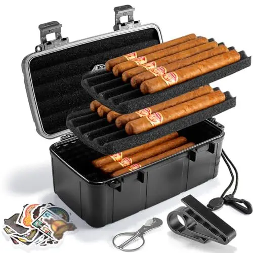 Produktbild: Marvero Portable Zigarren Humidor Case - Reise Zigarrenbox mit eingebauter Befeuchterscheibe, Aufkleber, Golfhalter & Zigarrenschneider