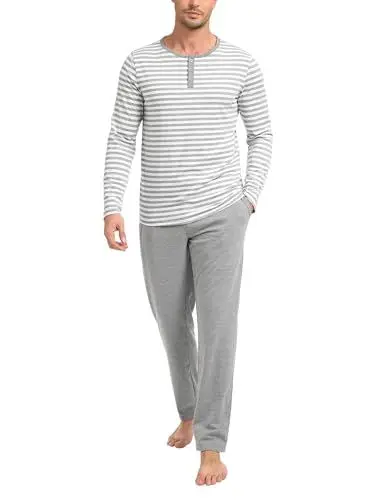 Produktbild: Marvmys Herren Pyjama Lang Baumwolle Schlafanzug Streifen Winter Pyjamaset Schlafanzüge Männer Langarm Shirt Pyjamahose mit Tasche Stil B 3XL