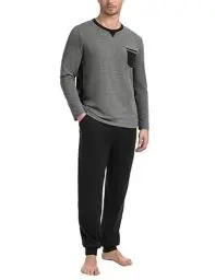 Produktbild: Marvmys Herren Schlafanzug Lang Baumwolle Winter Pyjama Set Schlafanzüge Männer Langarm Shirt mit Brusttasche Pyjamahose mit Tasche und Bündchen dunkelgrau M