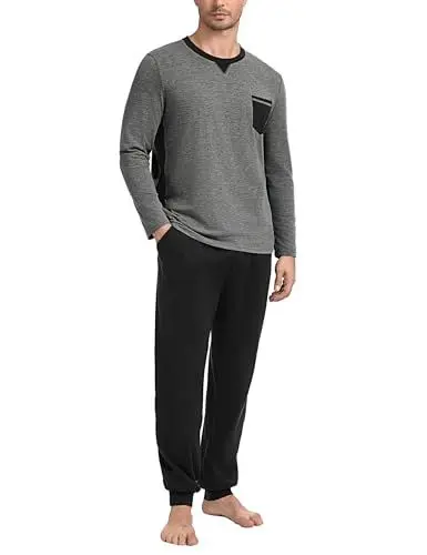 Produktbild: Marvmys Herren Schlafanzug Lang Baumwolle Winter Pyjama Set Schlafanzüge Männer Langarm Shirt mit Brusttasche Pyjamahose mit Tasche und Bündchen dunkelgrau M