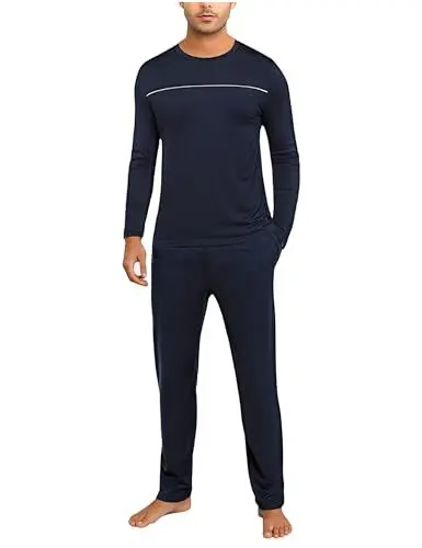 Produktbild: Marvmys Herren Schlafanzug Lang Winter Baumwolle Pyjama Set Rundhals Taschen Verstellbarer Bund Bequeme Nachtwäsche