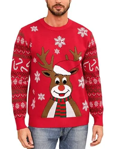 Produktbild: Marvmys Herren Weihnachtspullover Hässlicher Weihnachtspulli Christmas Sweater Schneeflocken Elch Stricken Herrenpullover mit Rundhalsausschnitt und Langen Ärmeln für Herren Weihnachtsparty A-Rot L