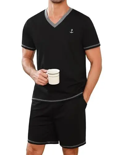 Produktbild: Marvmys Männer Sommer Kurze Baumwolle Pyjamas Zweiteilige Kurzarm Pyjama-Sets für Männer V-Ausschnitt T-Shirt und Shorts S-3XL