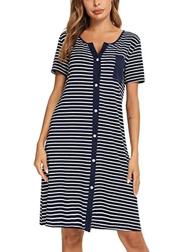 Produktbild: Marvmys Nachthemd Damen Kurzarm Nachtwäsche Sleepwear Stillnachthemd Baumwolle Sommer V-Ausschnitt Streifen Nachtkleid Schlafshirt Kurz Sleepshirt Knopfleiste