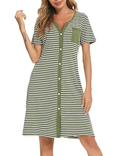 Produktbild: Marvmys Nachthemd Damen Kurzarm Nachtwäsche Sleepwear Stillnachthemd Baumwolle Sommer V-Ausschnitt Streifen Nachtkleid Schlafshirt Kurz Sleepshirt Knopfleiste