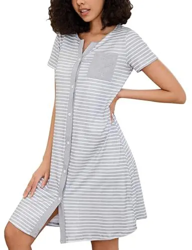 Produktbild: Marvmys Nachthemd Damen Kurzarm Nachtwäsche Sleepwear Stillnachthemd Baumwolle Sommer V-Ausschnitt Streifen Nachtkleid Schlafshirt Kurz Sleepshirt Knopfleiste