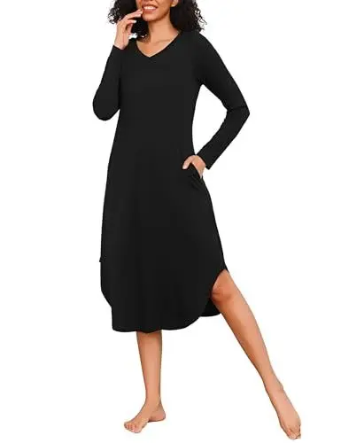 Produktbild: Marvmys Nachthemd Damen Lang Baumwolle V-Ausschnitt Sexy Nachthemden Schlafhemd Sleepwear Damen Nachtwäsche mit Taschen S-3XL