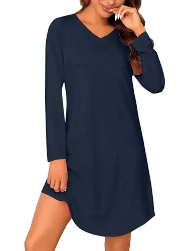 Produktbild: Marvmys Nachthemd Damen Schlafshir Langarm V-Ausschnitt Sleepshirt Frauen Winter Nachtwäsche Frauen Schlafkleid S-3XL