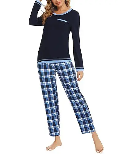 Produktbild: Marvmys Schlafanzug Damen Lang Winter Baumwolle PyjamaSet Schlafanzüge Zweiteiliger Nachtwäsche Sleepwear Langarm Shirt mit Brusttasche Karierte Pyjamahose mit Tasche Blau M