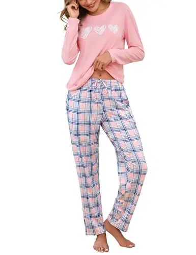 Produktbild: Marvmys Schlafanzug Damen Lang Winter Baumwolle Pyjama Set Zweiteilig Gemütlich Rundhals Herz-Print T-Shirt Karierte Hose