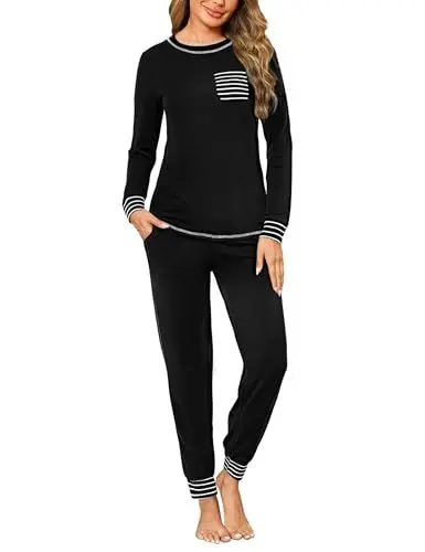 Produktbild: Marvmys Schlafanzug Damen Lang Winter Baumwolle Zweiteiliger Pyjama Set Rundhals Kontrast Streifen