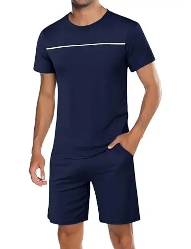 Produktbild: Marvmys Schlafanzug Herren Kurz Baumwolle Pyjamaset Herren Sommer Nightwear Pyjama Kurzarm mit Rundhalsausschnitt Oberteil und kurzer Schlafanzughose