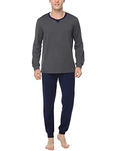 Produktbild: Marvmys Schlafanzug Herren Lang Baumwolle Winter Pyjamaset Schlafanzüge Sleepwear Langarm Shirt Pyjamahose mit Tasche und Bündchen Dunkelgrau L