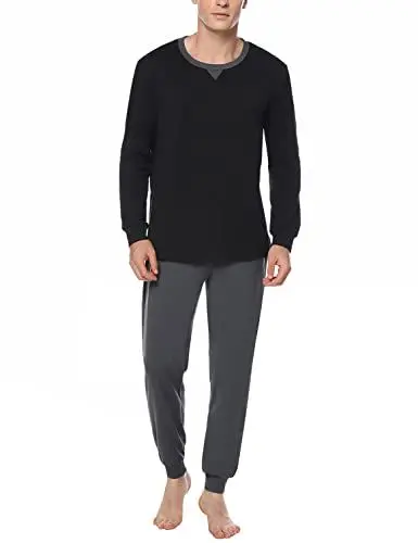 Produktbild: Marvmys Schlafanzug Herren Lang Baumwolle Winter Pyjamaset Schlafanzüge Sleepwear Langarm Shirt Pyjamahose mit Tasche und Bündchen Schwarz XXL