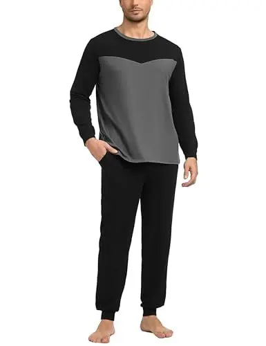 Produktbild: Marvmys Schlafanzug Herren Lang Baumwolle Winter Sleepwear Pyjamaset Schlafanzüge Langarm Shirt mit Bündchen Pyjamahose mit Tasche und Bündchen B-dunkelgrau XL