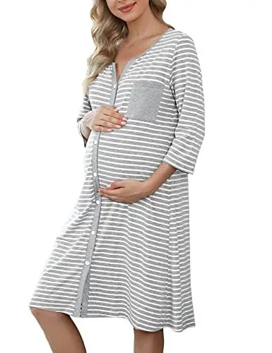 Produktbild: Marvmys Stillnachthemd Damen 3/4 Ärmel Geburtskleid Umstandsnachthemd Baumwolle Streifen Schlafhemd mit Durchgehender Knopfleiste Pyjama für Schwangere Hellgrau L