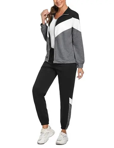 Produktbild: Marvmys Streatwear Trainingsanzüge Damen Sportanzüge Jogginganzug Zweiteiler Farbkontrast Langarm Reißverschluss Outfit Sport Bekleidungsset Dunkelgrau M