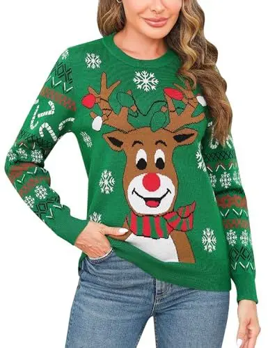 Produktbild: Marvmys Weihnachtspullover Damen Lustig Schneeflocken Rentier Winter Pullover Warm Weihnachtspullis Strickpullover Rundhals Women Christmas Sweater Grün-A M