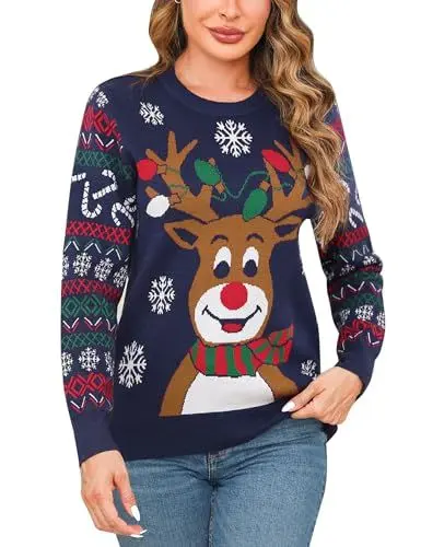 Produktbild: Marvmys Weihnachtspullover Damen Lustig Schneeflocken Rentier Winter Pullover Warm Weihnachtspullis Strickpullover Rundhals Women Christmas Sweater Navy blau-A XL
