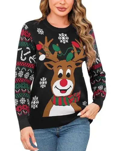 Produktbild: Marvmys Weihnachtspullover Damen Lustig Schneeflocken Rentier Winter Pullover Warm Weihnachtspullis Strickpullover Rundhals Women Christmas Sweater Schwarz-A M