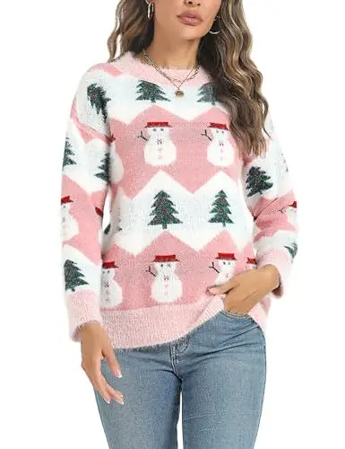 Produktbild: Marvmys Weihnachtspullover Damen Winter Fun Strickpullover Rundhals Weihnachtspullis mit Rentiermuster und Schneemann Muster Gestrickte Pullover Langarm Sweatshirt für Frauen Rosa-Schneemann XL