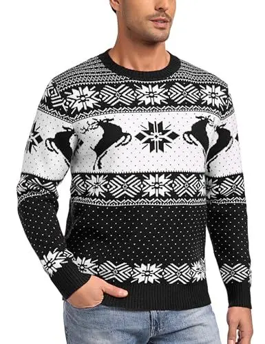 Produktbild: Marvmys Weihnachtspullover Herren Lustig Winter Pullover Warm Schneeflocken Rentier Weihnachtspullis Strickpullover Rundhals Christmas Sweater Schwarz M