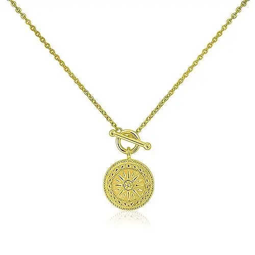 Produktbild: Mary & Jules Kette Sonne Gold 925 Sterling Silber, vergoldet mit Sonnen Anhänger, Sonnenkette aus recyceltem Silber, Münz Halskette, Coin Kette Gold für Frauen Mädchen, Goldkette Damen