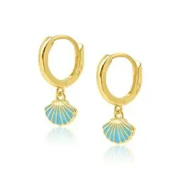 Produktbild: Mary & Jules Muschel Ohrringe Gold hängend, 925 Sterling Silber, vergoldet, aus reyceltem Silber, Creolen Gold mit hübschem, türkisem Muschel Anhänger, Sommer Ohrringe Gold hängend