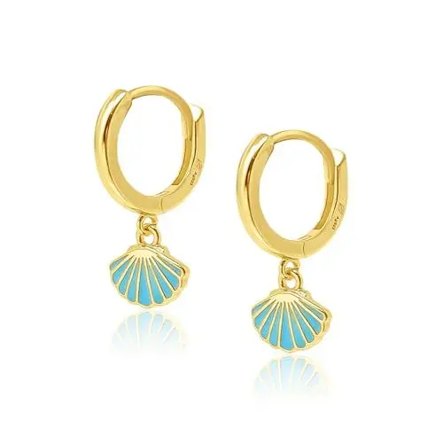 Produktbild: Mary & Jules Muschel Ohrringe Gold hängend, 925 Sterling Silber, vergoldet, aus reyceltem Silber, Creolen Gold mit hübschem, türkisem Muschel Anhänger, Sommer Ohrringe Gold hängend