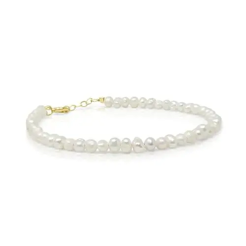 Produktbild: Mary & Jules Perlenarmband aus vergoldetem 925 Sterling Silber, Armband mit Naturperlen, Damenarmband, Länge 15 bis 18 cm, verstellbar, goldene Echtschmuck Armkette, für Frauen & Mädchen