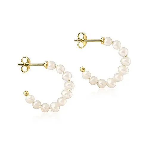 Produktbild: Mary & Jules Perlenohrringe Gold aus recyceltem Silber, Perlen Creolen Silber 925 vergoldet mit Süsswasser Perlen, Ohrringe Damen Gold, Durchmesser 15 mm, für Frauen & Mädchen