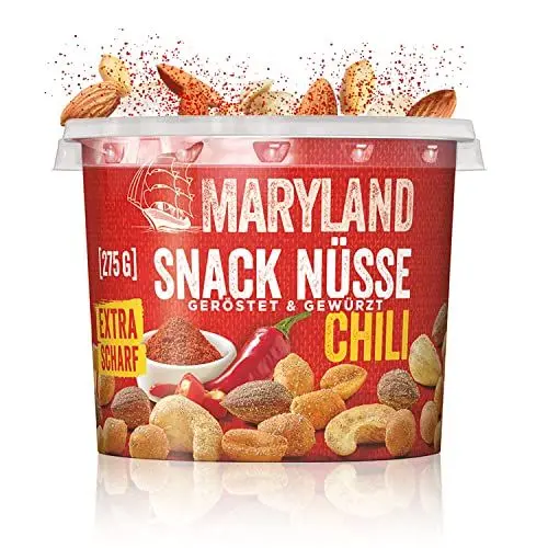 Produktbild: Maryland Snack Nüsse Chili 275g Becher – Knackig-scharf gewürzte Nussmischung mit gerösteten Erdnüssen, Cashewkernen und Mandeln – Chili-scharfer Mix in wiederverschließbarem Becher (1 x 275g)