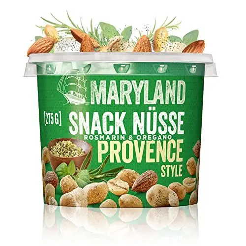 Produktbild: Maryland Snack Nüsse Provence 275g Becher – Mediterran gewürzte Nussmischung mit gerösteten Erdnüssen, Cashewkernen und Mandeln – Würze aus Rosmarin & Oregano (1 x 275g)