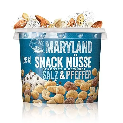 Produktbild: Maryland Snack Nüsse Salz & Pfeffer 275g Becher – Knackig-lecker gewürzte Nussmischung mit gerösteten Erdnüssen, Cashewkernen und Mandeln – Wiederverschließbarer Becher (1 x 275g)