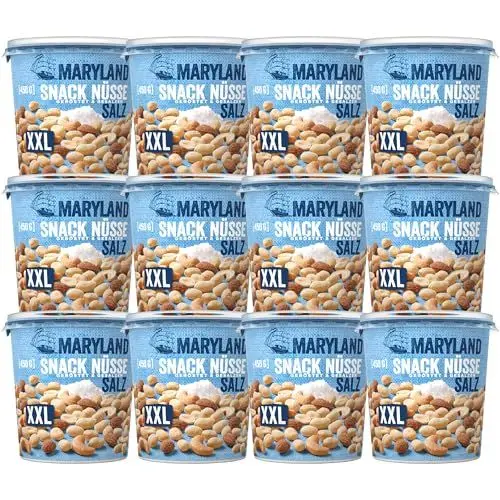 Produktbild: Maryland Snack Nüsse geröstet & gesalzen XXL 12 x 450g Becher - Erdnüsse, Cashewkerne und Mandeln in Nussmischung - klassisch geröstet & gesalzen - wiederverschließbarer Becher (12 x 450 g XXL)