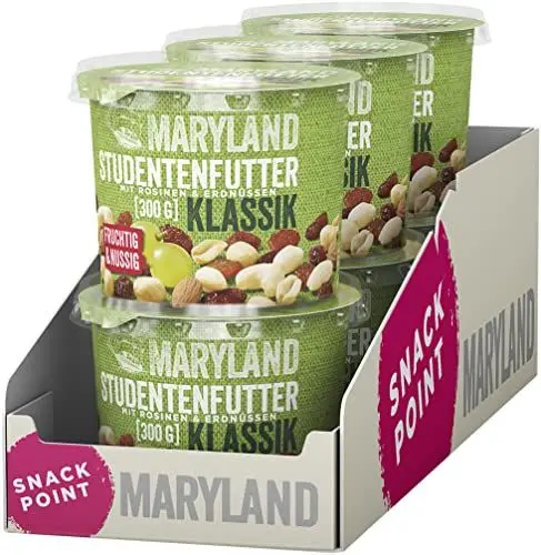Produktbild: Maryland Studentenfutter Klassik 300g Becher Vorratspack Rosinen, Erdnusskerne, Cashewkerne und Mandeln in Nuss Frucht Mischung Wiederverschließbarer Becher (6 x 300g)