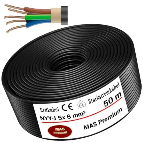 Produktbild: MAS Premium Erdkabel Stromkabel 5-125m NYY-J 5x1,5, 2,5, 4, 6, 10 oder 16 Elektrokabel Ring zur Verlegung im Freien, Erdreich (NYY-J 5x6 mm², 50m)