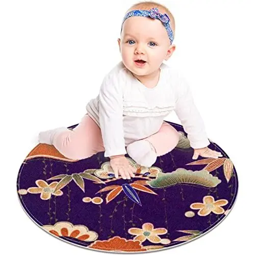 Produktbild: Maschinenwaschbarer runder Teppich für den Innenbereich, weicher Schlafzimmerboden, Sofa, Wohnzimmer, Wohnheim, kleiner runder Teppich,Japanische purpurrote Zypressen Blumen Ahornblatt Weinlese